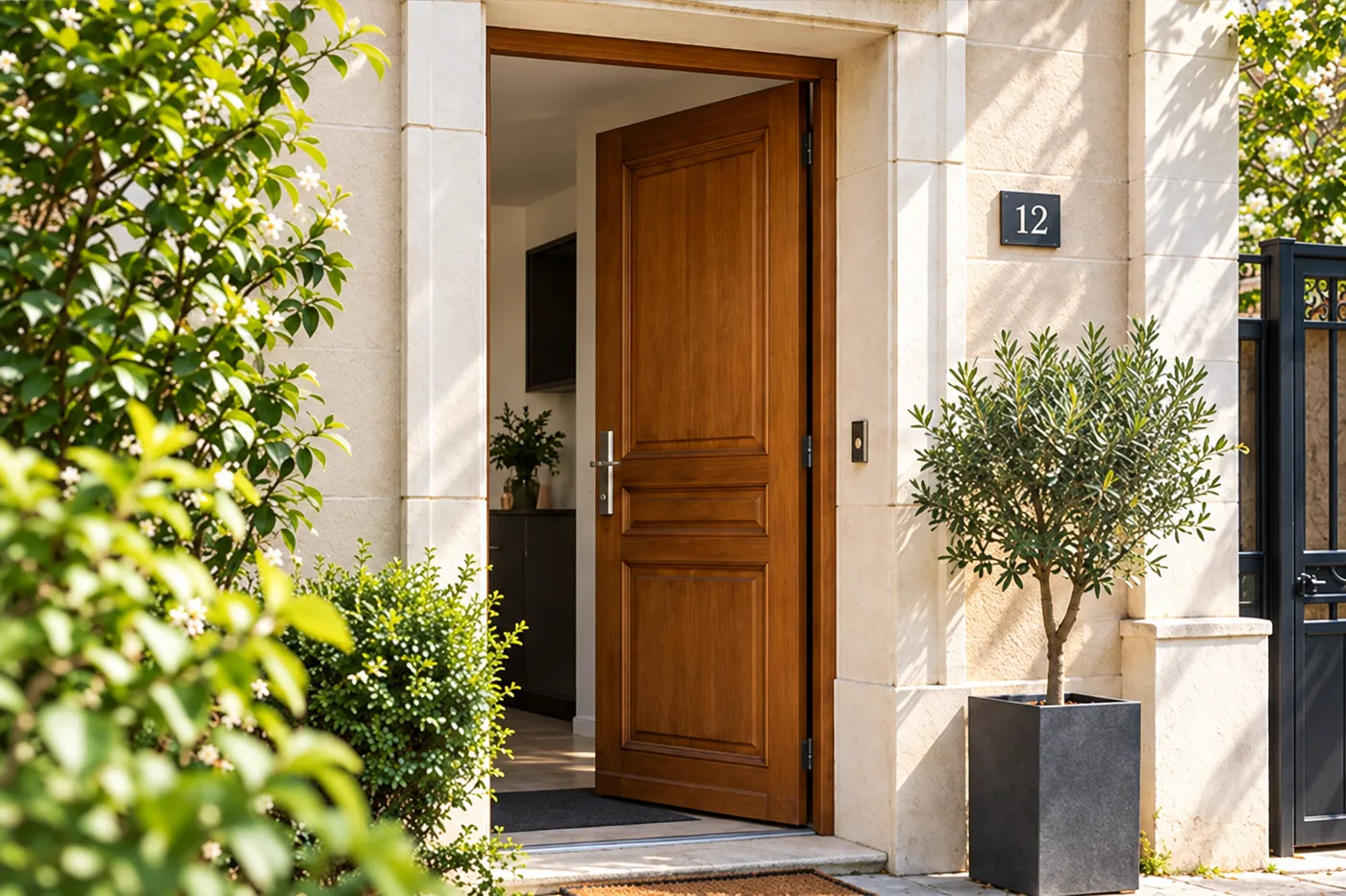 Porte d'entrée en bois entrouverte dans un encadrement de pierre claire, olivier en pot sur le perron